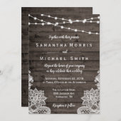 Rustic Wood Wedding Invitation met String Lights Kaart (Voorkant / Achterkant)