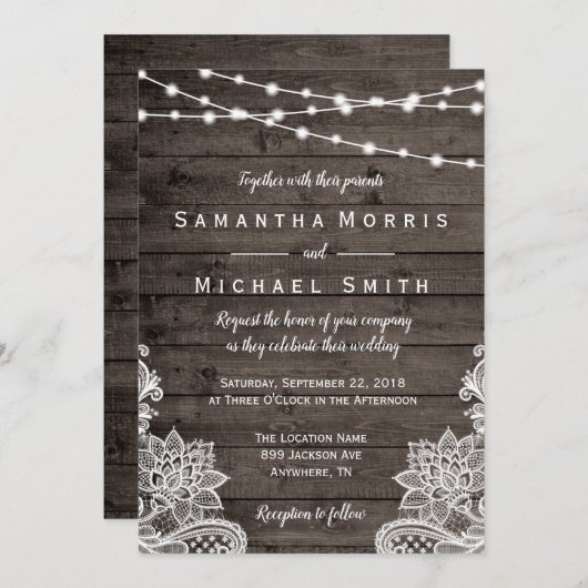 Rustic Wood Wedding Invitation met String Lights Kaart (Voorkant / Achterkant)