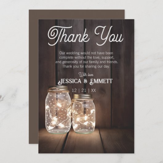 Rustic Wood Wedding Mason Jar Light Strings Custom Bedankkaart (Voorkant / Achterkant)