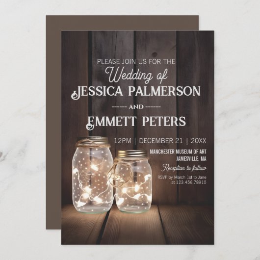 Rustic Wood Wedding Mason Jar Light Strings Custom Kaart (Voorkant / Achterkant)