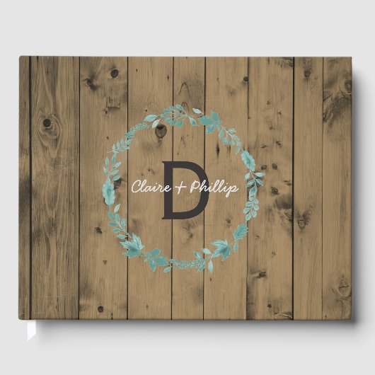 Rustic Wood Wedding Monogram | botanische krans Gastenboek (Voorkant)