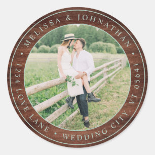 Rustic Wood Wedding Photo Return Address Ronde Sticker