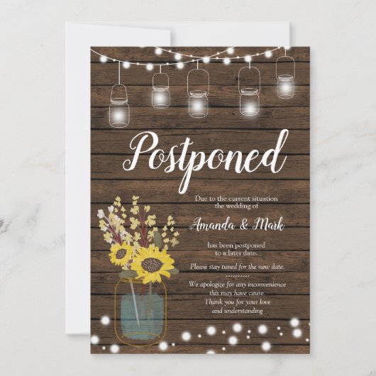 Rustic Wood Wedding Postponed Notice Kaart (Voorkant)