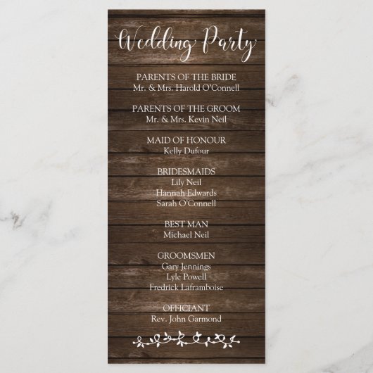 Rustic Wood Wedding Programme Programmakaart (Achterkant)