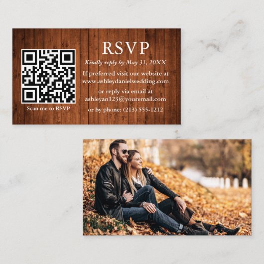 Rustic Wood Wedding QR Foto RSVP Informatiekaartje (Voorkant / Achterkant)