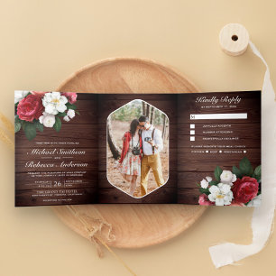 Rustic Wood Wedding Red Roses and White Magnolia Drieluik Uitnodiging