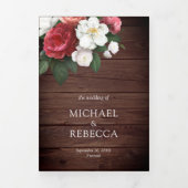 Rustic Wood Wedding Red Roses and White Magnolia Drieluik Uitnodiging (Cover)