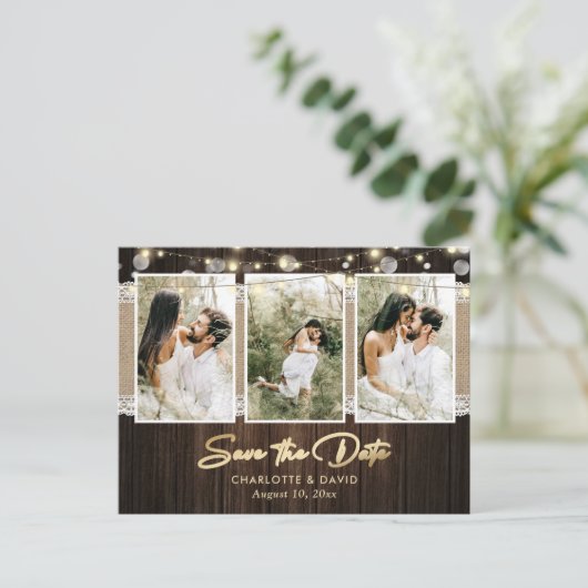 Rustic Wood Wedding Save the Date Photo Briefkaart (Staand voorkant)