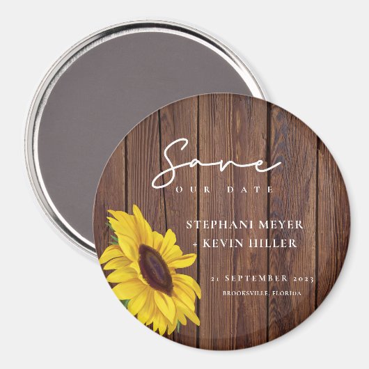 Rustic Wood Wedding Sunflower Save the Date Magneet (Voorkant / Achterkant)