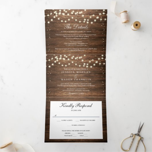 Rustic Wood Wedding Tri-Fold Invitations RSVP Drieluik Uitnodiging (Binnen)