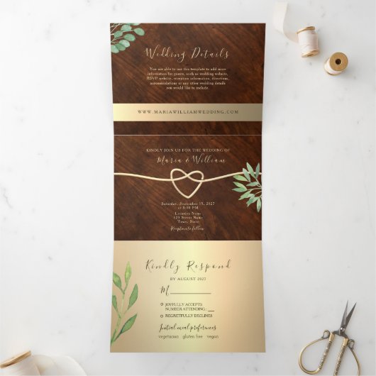 Rustic Wood Wedding Tri-Fold Uitnodiging (Binnen)