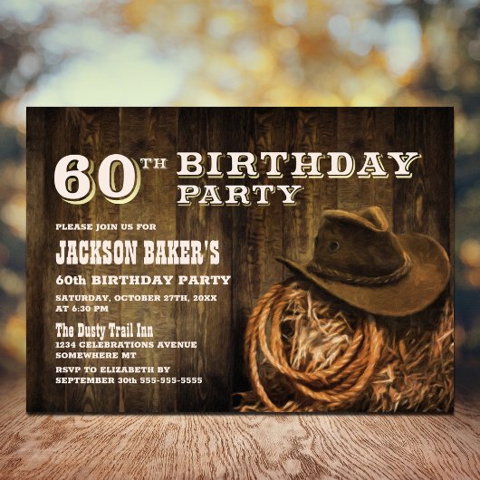 Rustic Wood Western 60th Birthday Party Kaart