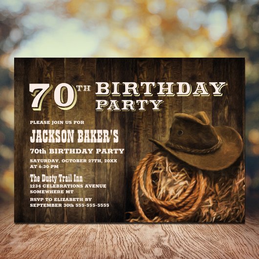 Rustic Wood Western 70th Birthday Party Kaart
