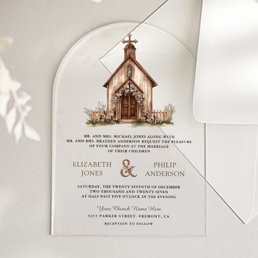Rustic Wood Western Chapel Wedding Acryl Uitnodigingen