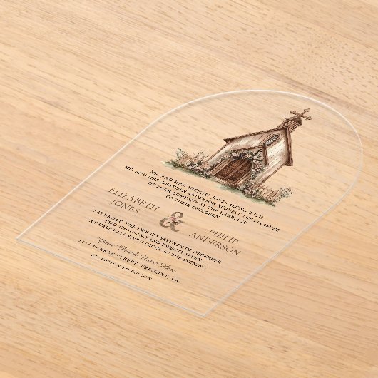 Rustic Wood Western Chapel Wedding Acryl Uitnodigingen (Laagn)
