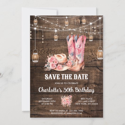Rustic Wood Western Save the Date Cowgirl Verjaard Kaart (Voorkant)