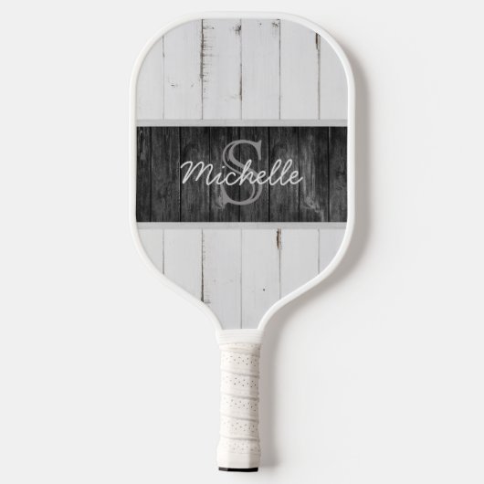 Rustic Wood White Black Monogram Pickleball Paddle (Achterkant)