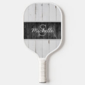 Rustic Wood White Black Monogram Pickleball Paddle (Voorkant)