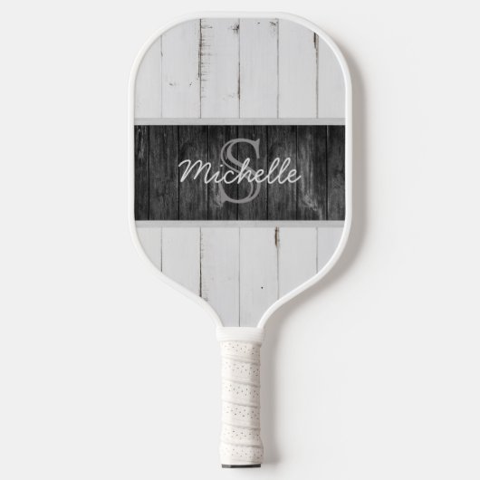 Rustic Wood White Black Monogram Pickleball Paddle (Voorkant)