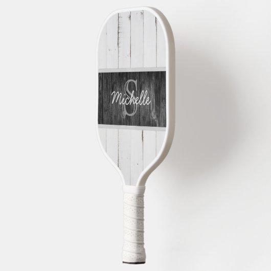 Rustic Wood White Black Monogram Pickleball Paddle (Links)