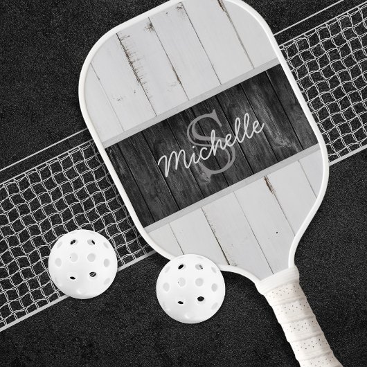 Rustic Wood White Black Monogram Pickleball Paddle