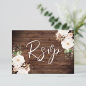 Rustic Wood White & Blush Floral Elegant Wedding RSVP Kaartje (Staand voorkant)