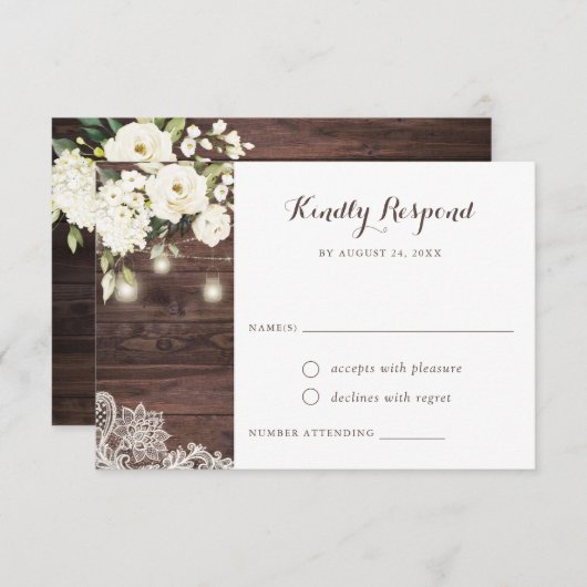 Rustic Wood White Floral Mason Jars RSVP Kaart (Voorkant / Achterkant)