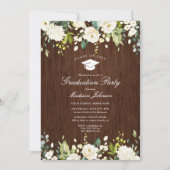 Rustic Wood White Floral Photo Graduparty Kaart (Voorkant)