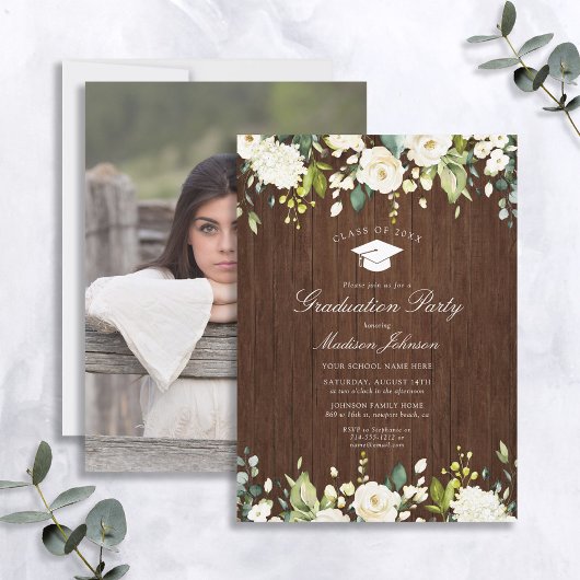 Rustic Wood White Floral Photo Graduparty Kaart