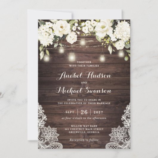 Rustic Wood White Flower Lace String Light Wedding Kaart (Voorkant)