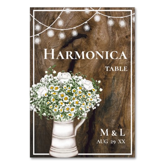 Rustic Wood White Flowers lights Harmonica Wedding Kaart (Voorkant)