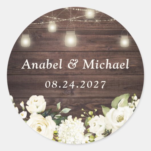 Rustic Wood White Flowers Mason Jar Sticker (Voorkant)