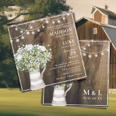 Rustic Wood White Flowers String of Lights Wedding Kaart