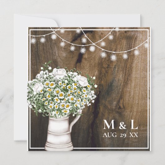 Rustic Wood White Flowers String of Lights Wedding Kaart (Achterkant)