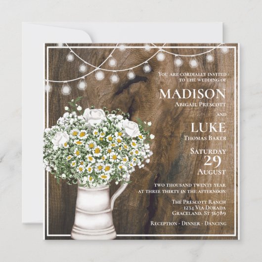Rustic Wood White Flowers String of Lights Wedding Kaart (Voorkant)