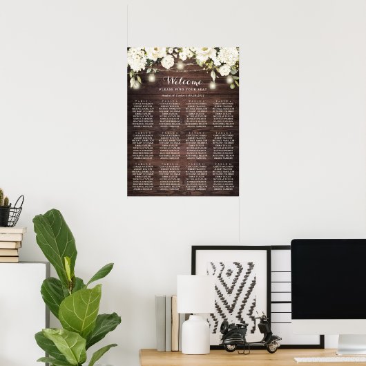 Rustic Wood White Flowers Wedding Seating Chart Poster (Thuiskantoor)
