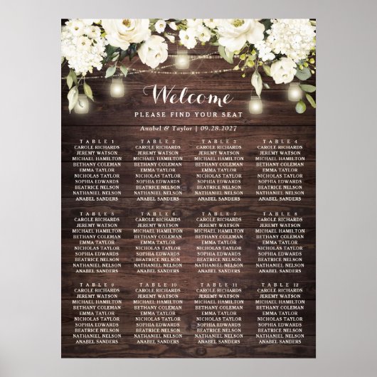 Rustic Wood White Flowers Wedding Seating Chart Poster (Voorkant)
