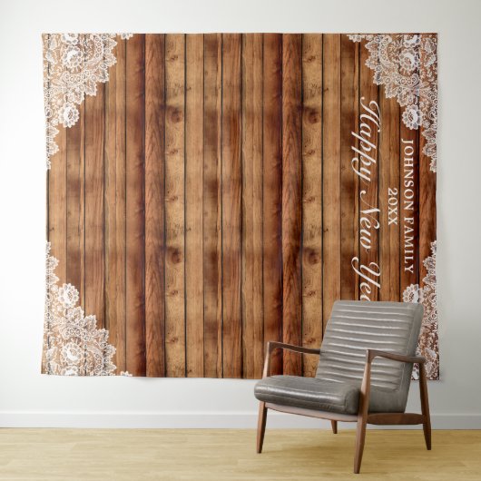 Rustic Wood & White Kanten Nieuwjaarsfotobackgroun Wandkleed (In Situ (horizontaal))