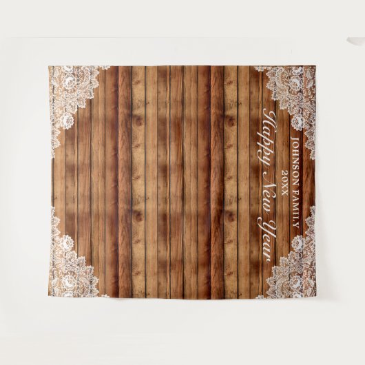 Rustic Wood & White Kanten Nieuwjaarsfotobackgroun Wandkleed (Voorkant (horizontaal))
