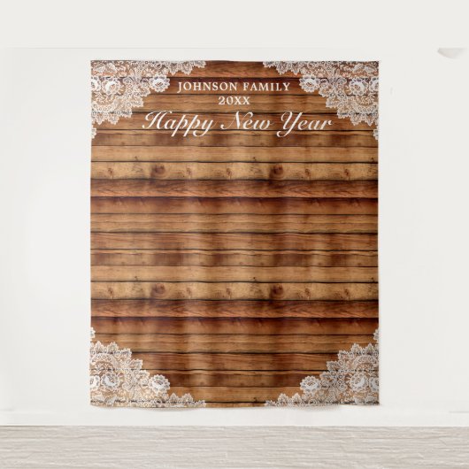 Rustic Wood & White Kanten Nieuwjaarsfotobackgroun Wandkleed (Voorkant)