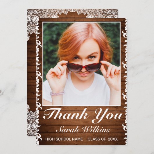 Rustic Wood & White Lace Afstuderen Foto: Y Bedankkaart (Voorkant / Achterkant)