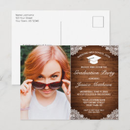 Rustic Wood White Lace Afstuderen Fotouitnodiging Briefkaart