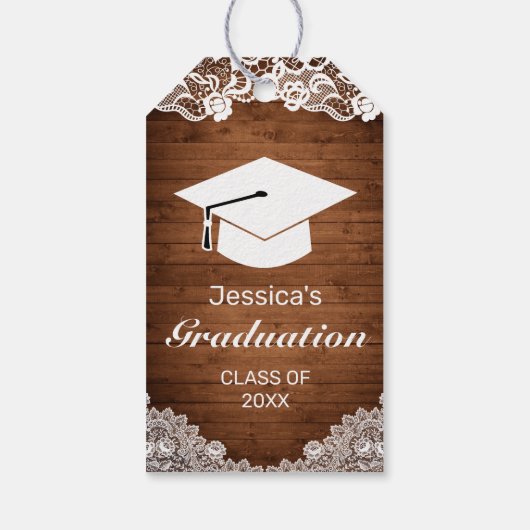 Rustic Wood White Lace Afstuderen Gefeliciteerd Cadeaulabel (Achterkant)