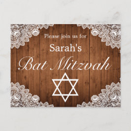 Rustic Wood & White Lace Bar Bat Mitzvah Aankondigingskaart