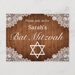 Rustic Wood & White Lace Bar Bat Mitzvah Aankondigingskaart