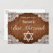 Rustic Wood & White Lace Bar Bat Mitzvah Aankondigingskaart (Voorkant / Achterkant)