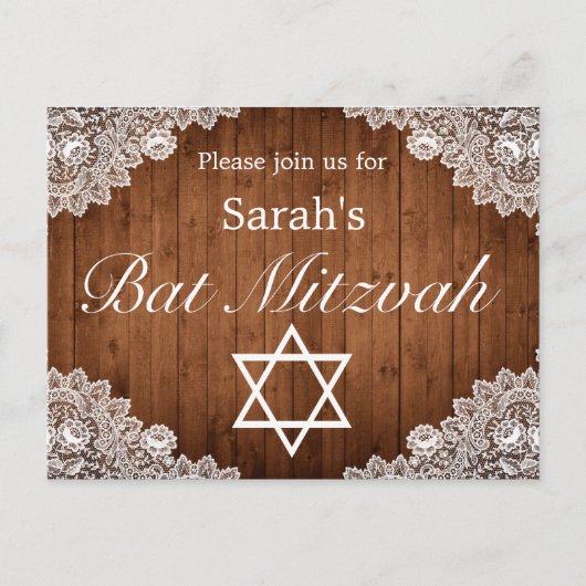 Rustic Wood & White Lace Bar Bat Mitzvah Aankondigingskaart (Voorkant)