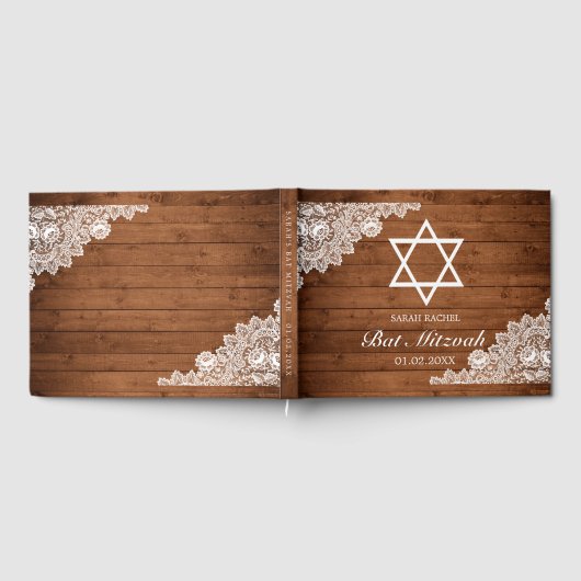 Rustic Wood & White Lace Bar Bat Mitzvah Gastenboek (Volledig)
