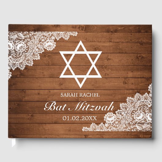 Rustic Wood & White Lace Bar Bat Mitzvah Gastenboek (Voorkant)