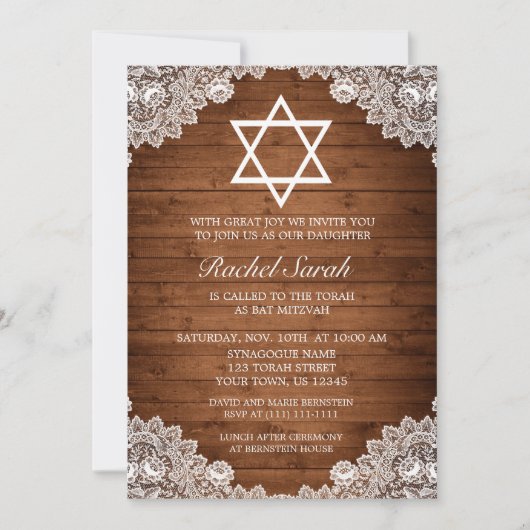 Rustic Wood & White Lace Bar Bat Mitzvah Kaart (Voorkant)